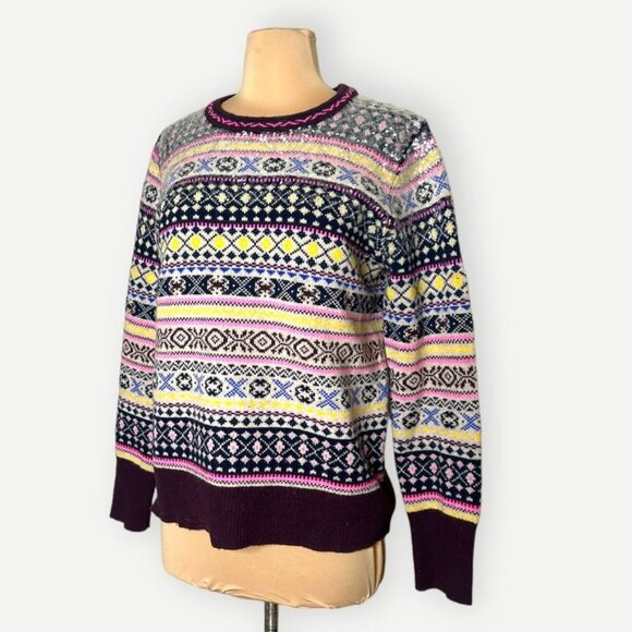 J. Crew Fairisle Wool Sweater Sequins M Aprés Ski Classic Retro 80s Fall Winter - Picture 2 of 9